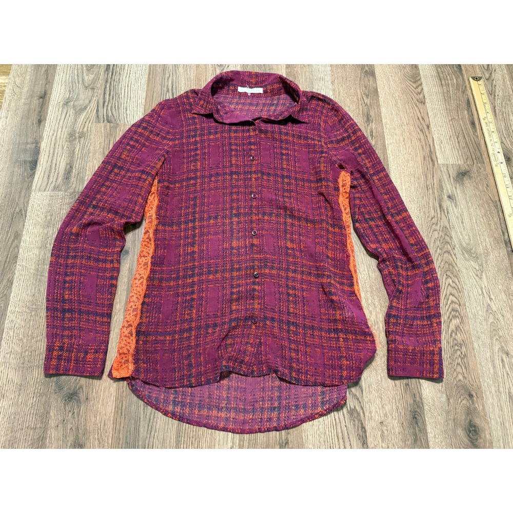 Hinge Button Down Shirt Womens XS Purple Orange Plaid Lace Side Panels Excellent